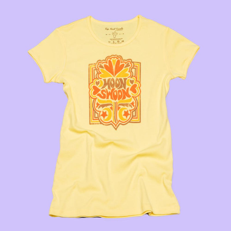 Yellow ribbed vintage inspired tee that says Moon Swoon on the front 